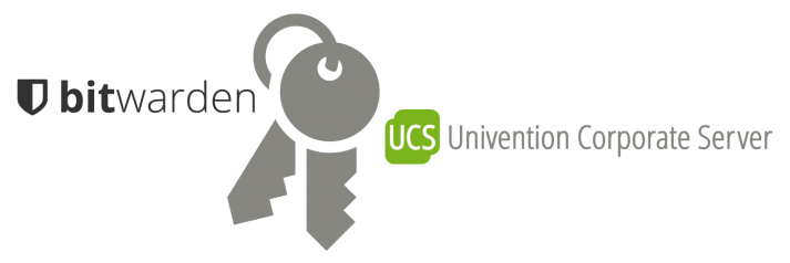 Logos von Bitwarden und UCS mit einem Schlüsselbund in der Mitte