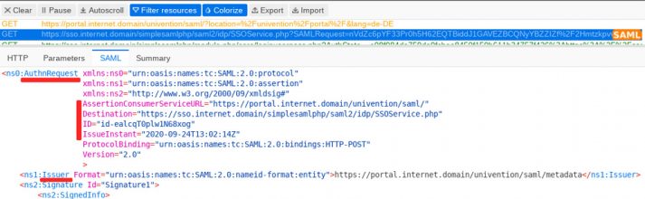 Screenshot Single Sign-on SAML tracer