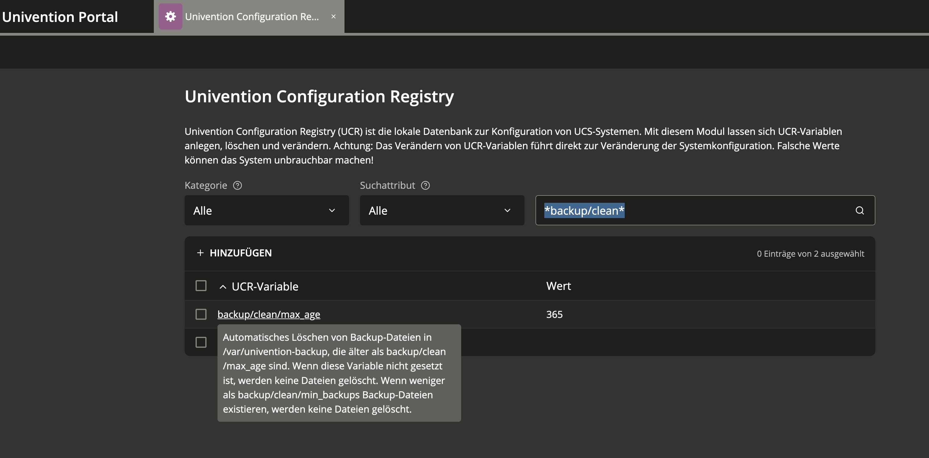 Screenshot Univention Configuration Registry